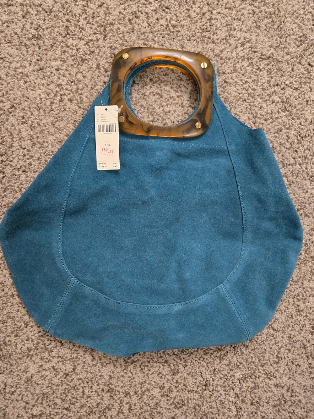 Anthropologie Teal Suede Tote with Tortoiseshell Handle